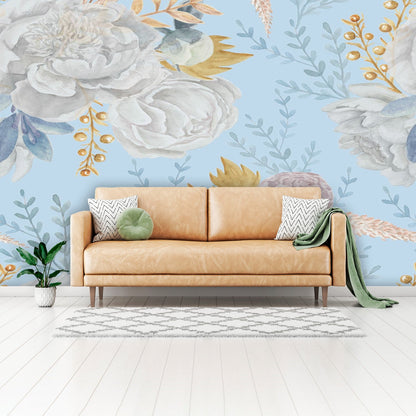 Kate McEnroe New York Pastel Blue And White Peony Floral Wall MuralWall Mural119301