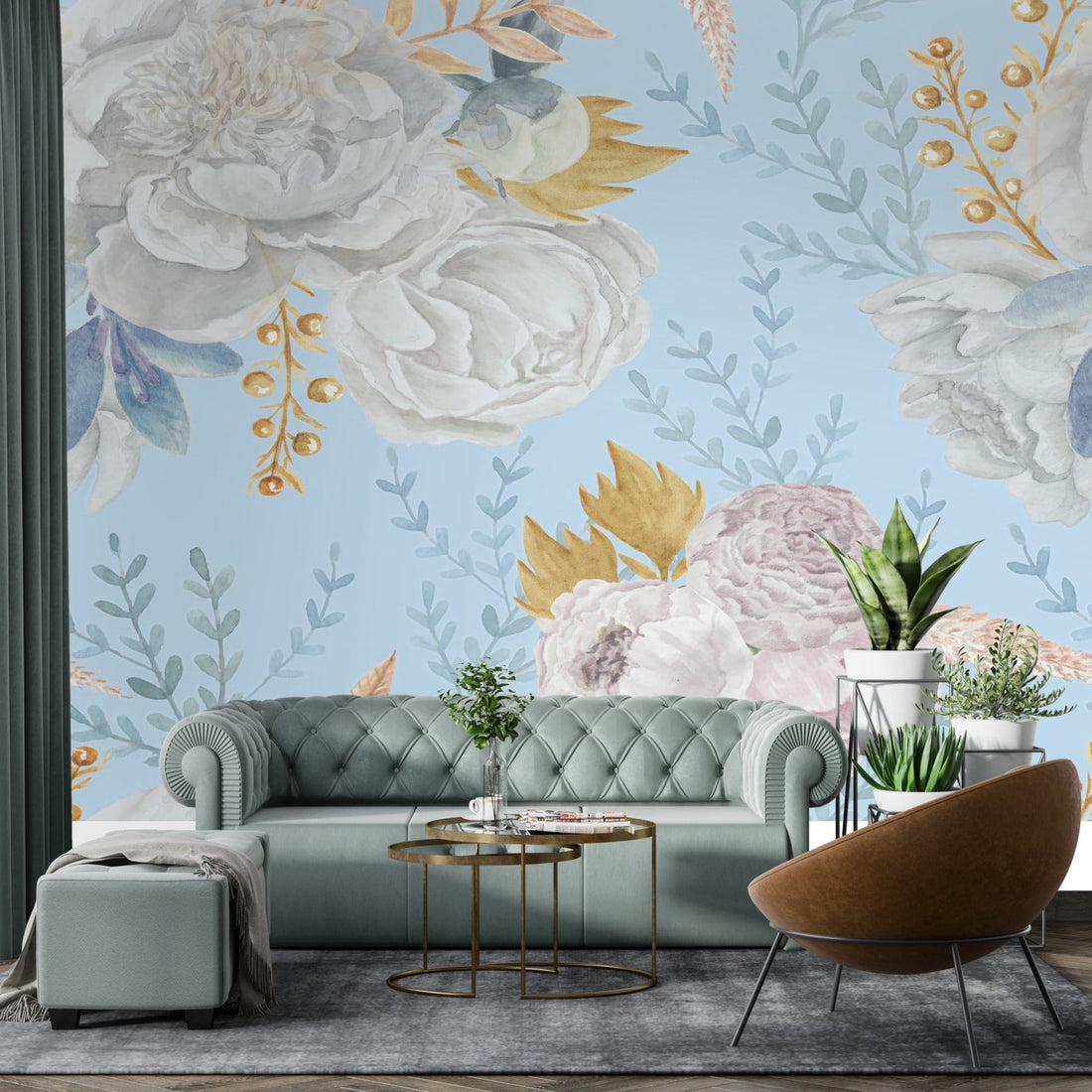 Kate McEnroe New York Pastel Blue And White Peony Floral Wall MuralWall Mural119303