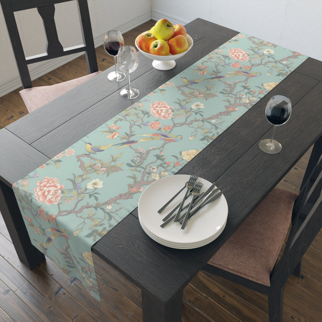 Kate McEnroe New York Pastel Chinoiserie Table Runner, Elegant Floral Bird Table LinensTable Runners15782057033653511937