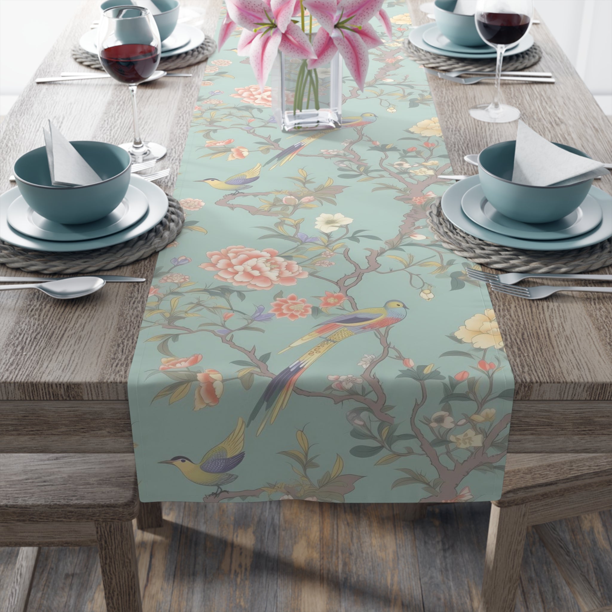 Kate McEnroe New York Pastel Chinoiserie Table Runner, Elegant Floral Bird Table LinensTable Runners33146429674262810975