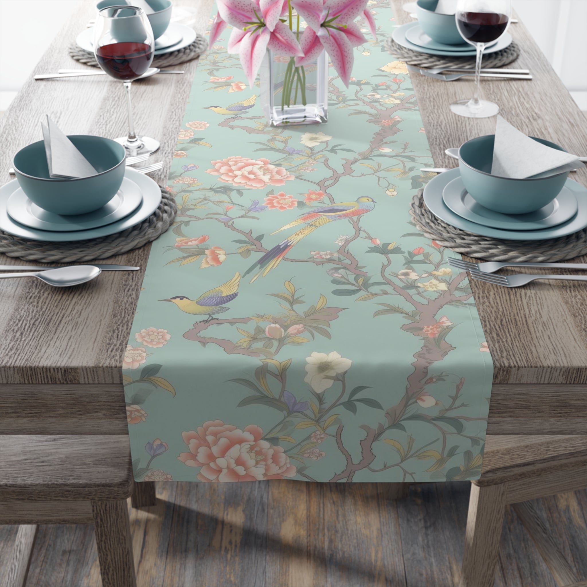 Kate McEnroe New York Pastel Chinoiserie Table Runner, Elegant Floral Bird Table LinensTable Runners33146429674262810975