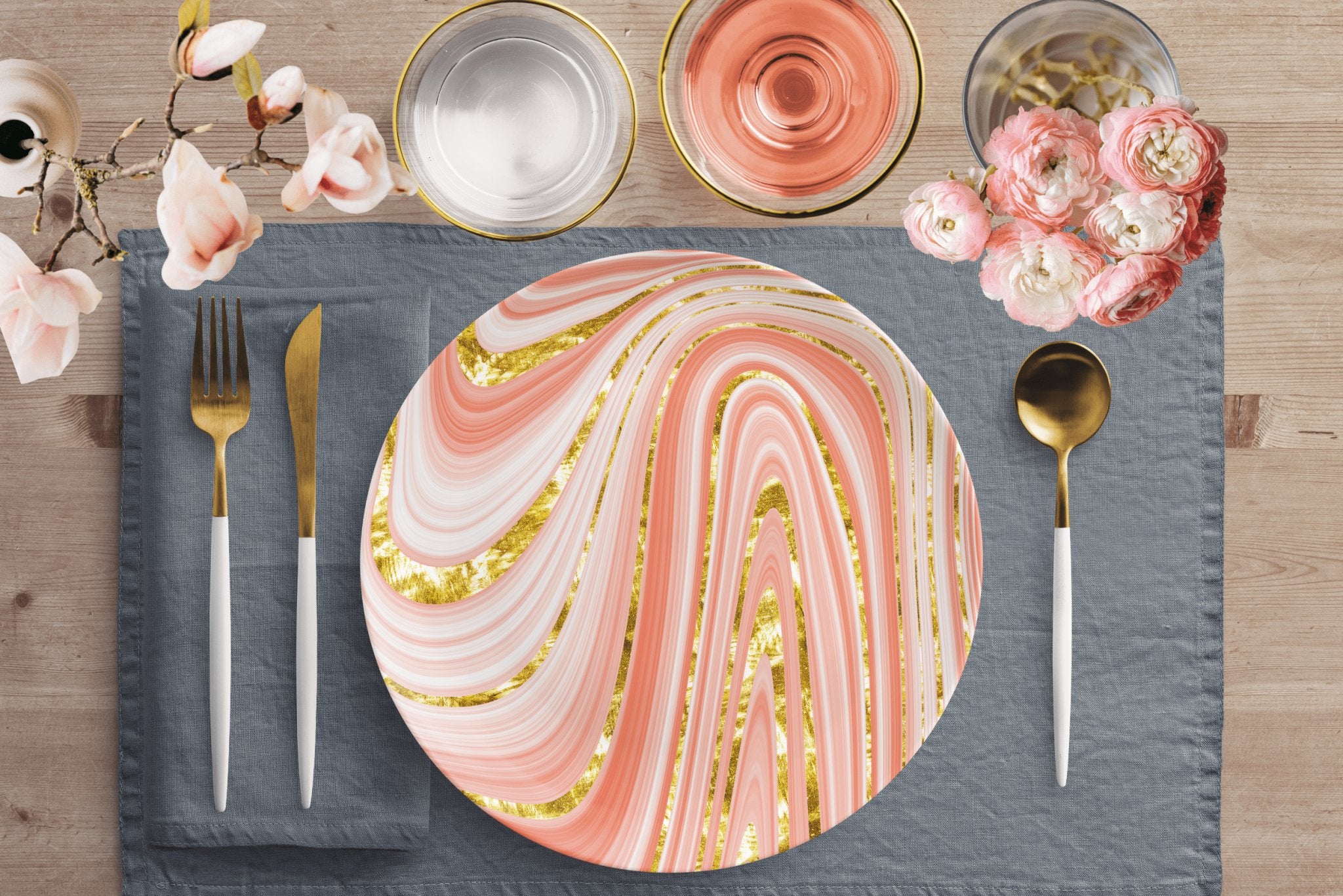 Kate McEnroe New York Peach Gold Swirl Marble Print Dinner PlatesPlatesP20 - MAR - PEA - 71S