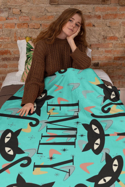 Kate McEnroe New York Personalized Atomic Cat Blanket, Custom Name Kitschy Cats Throw for Kids and Adults, 50 x 60 Inch, Gift for Her, Gift for HimBlankets1 Sided Print 40×30