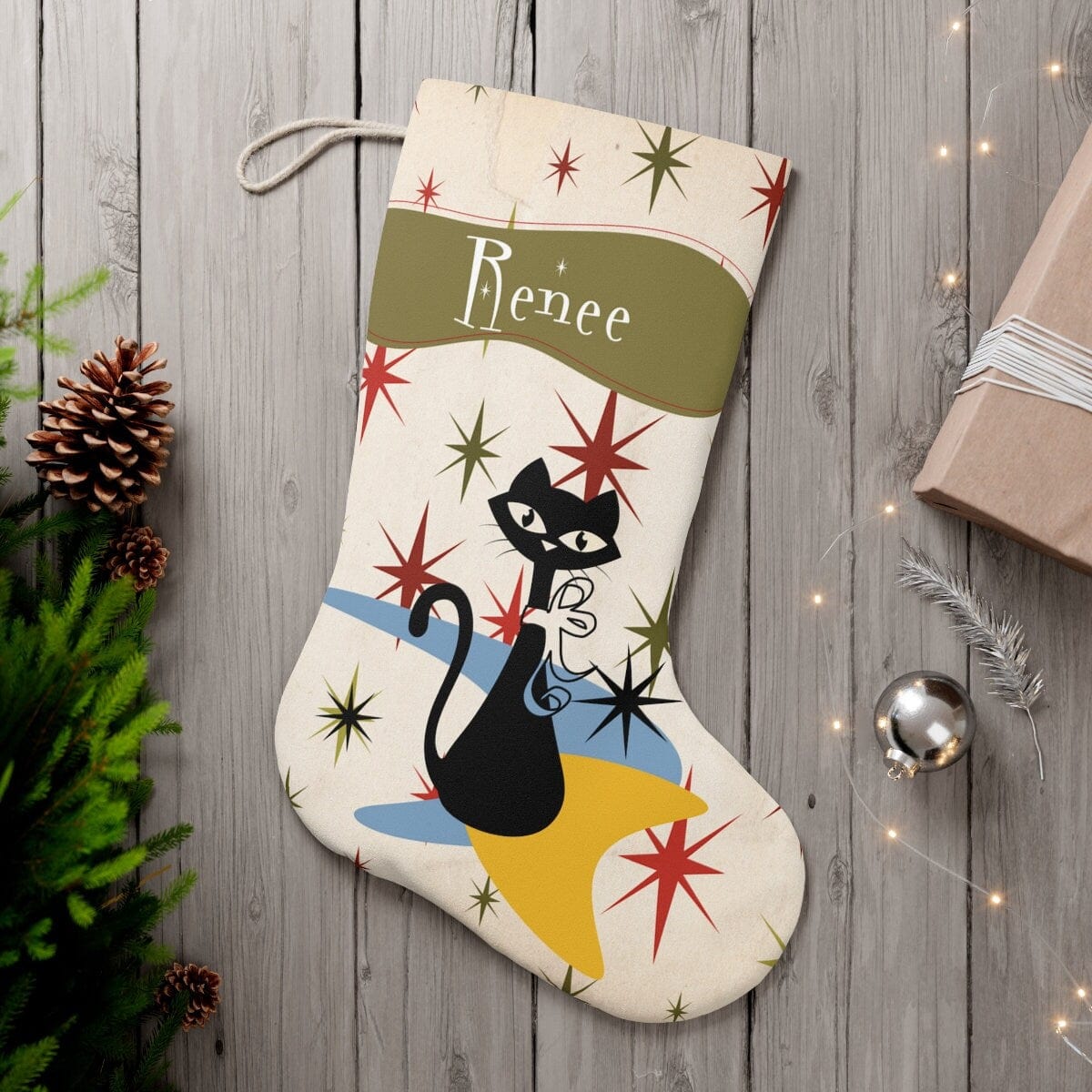 Kate McEnroe New York Personalized Atomic Cat Santa Stocking, Custom Mid Century Modern Starburst, Retro Kitschy Christmas Stockings, MCM Holiday Decor 16486685217025536290