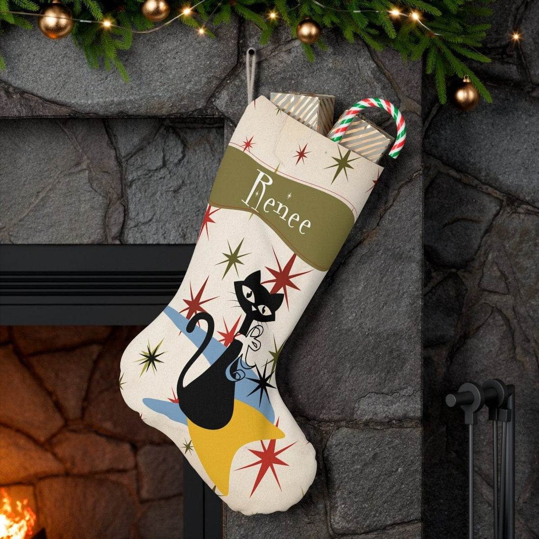 Kate McEnroe New York Personalized Atomic Cat Santa Stocking, Custom Mid Century Modern Starburst, Retro Kitschy Christmas Stockings, MCM Holiday DecorHoliday Stockings16486685217025536290