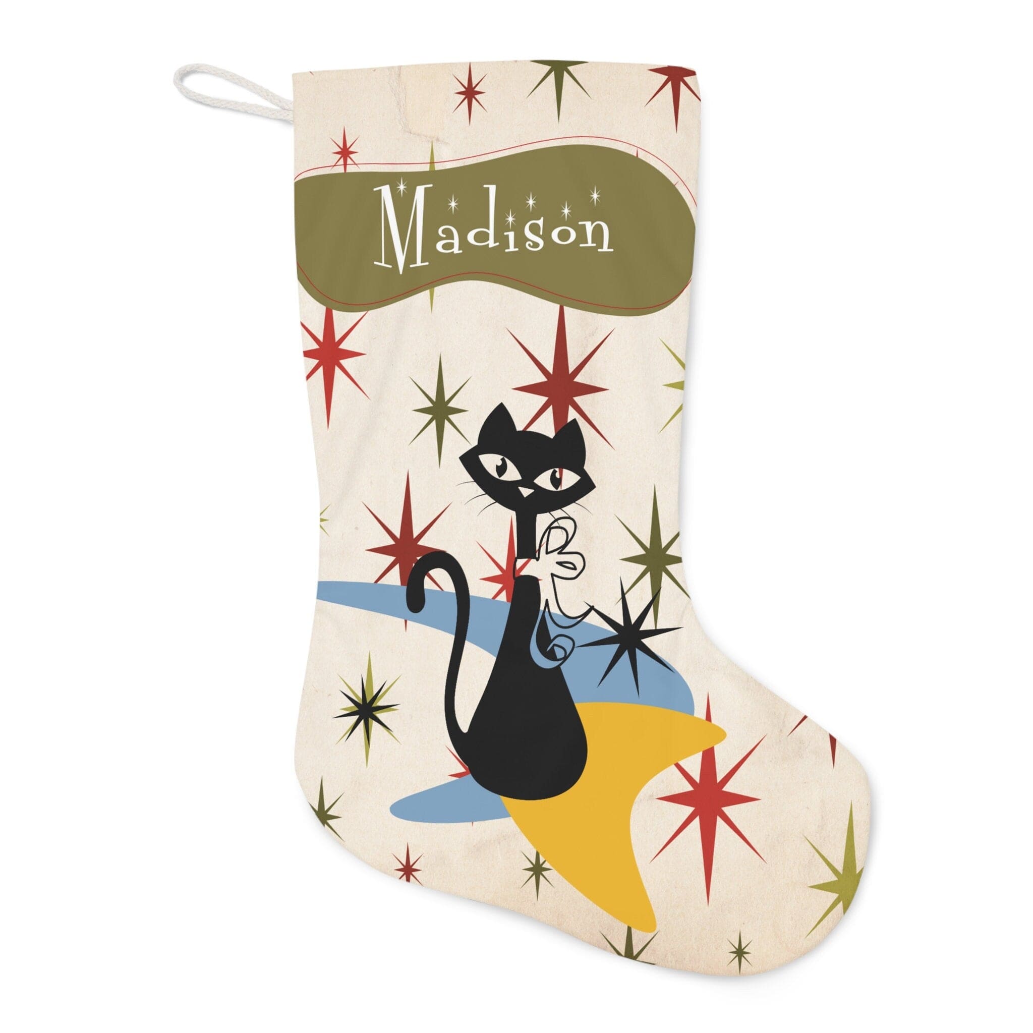 Kate McEnroe New York Personalized Atomic Cat Santa Stocking, Custom Mid Century Modern Starburst, Retro Kitschy Christmas Stockings, MCM Holiday DecorHoliday Stockings16486685217025536290