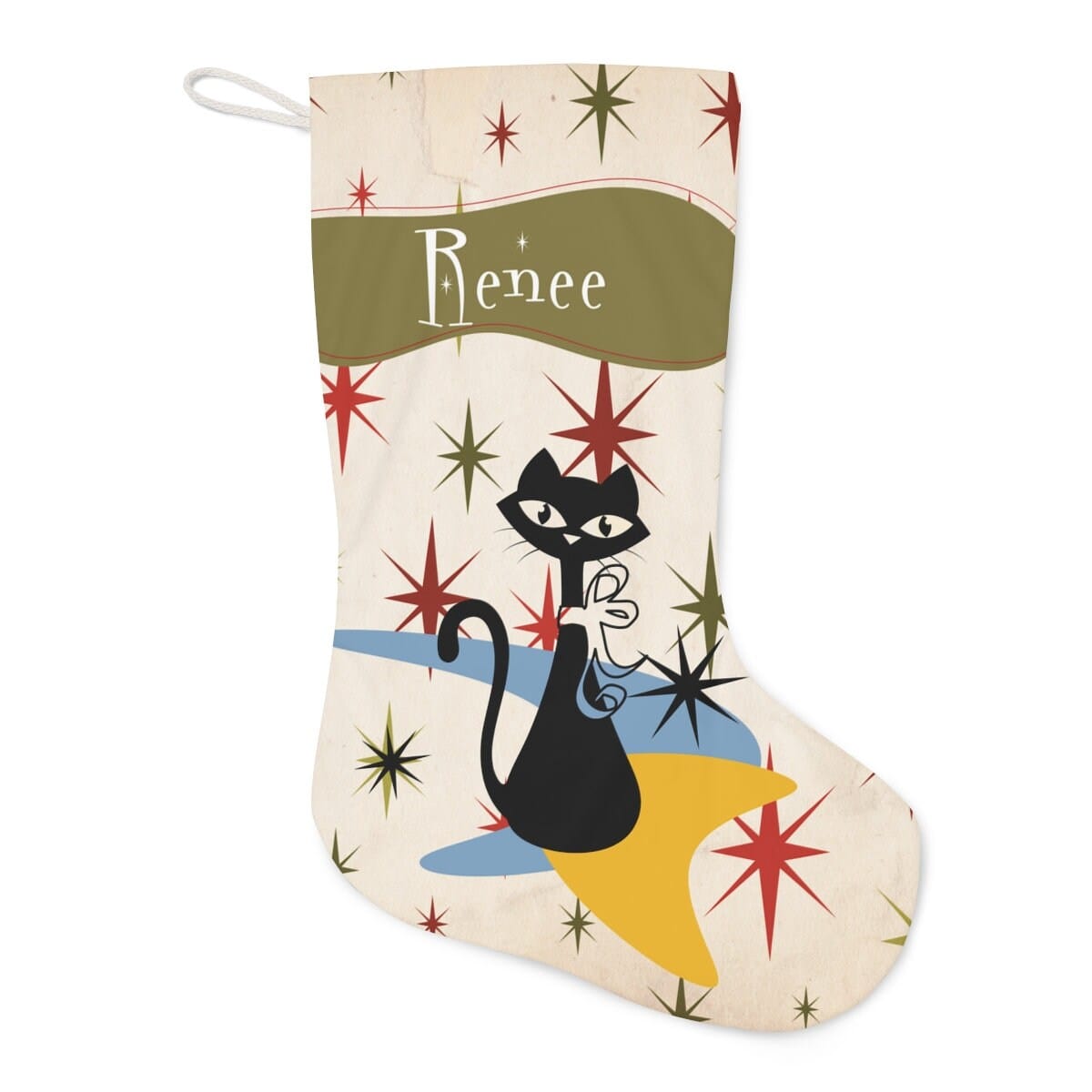Personalized Atomic Cat Santa Stocking Custom Mid Century Modern Starburst Retro Kitschy Christmas Stockings MCM Holiday Decor
