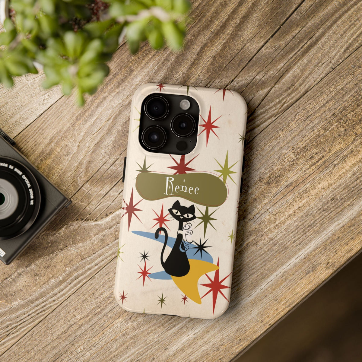 Kate McEnroe New York Personalized Atomic Cat Tough IPhone 14 &amp; 15 Cases, Mid Century Modern, Retro Kitschy Starburst, Christmas Gifts, MCM Holiday GiftPhone Case16092713103491615224