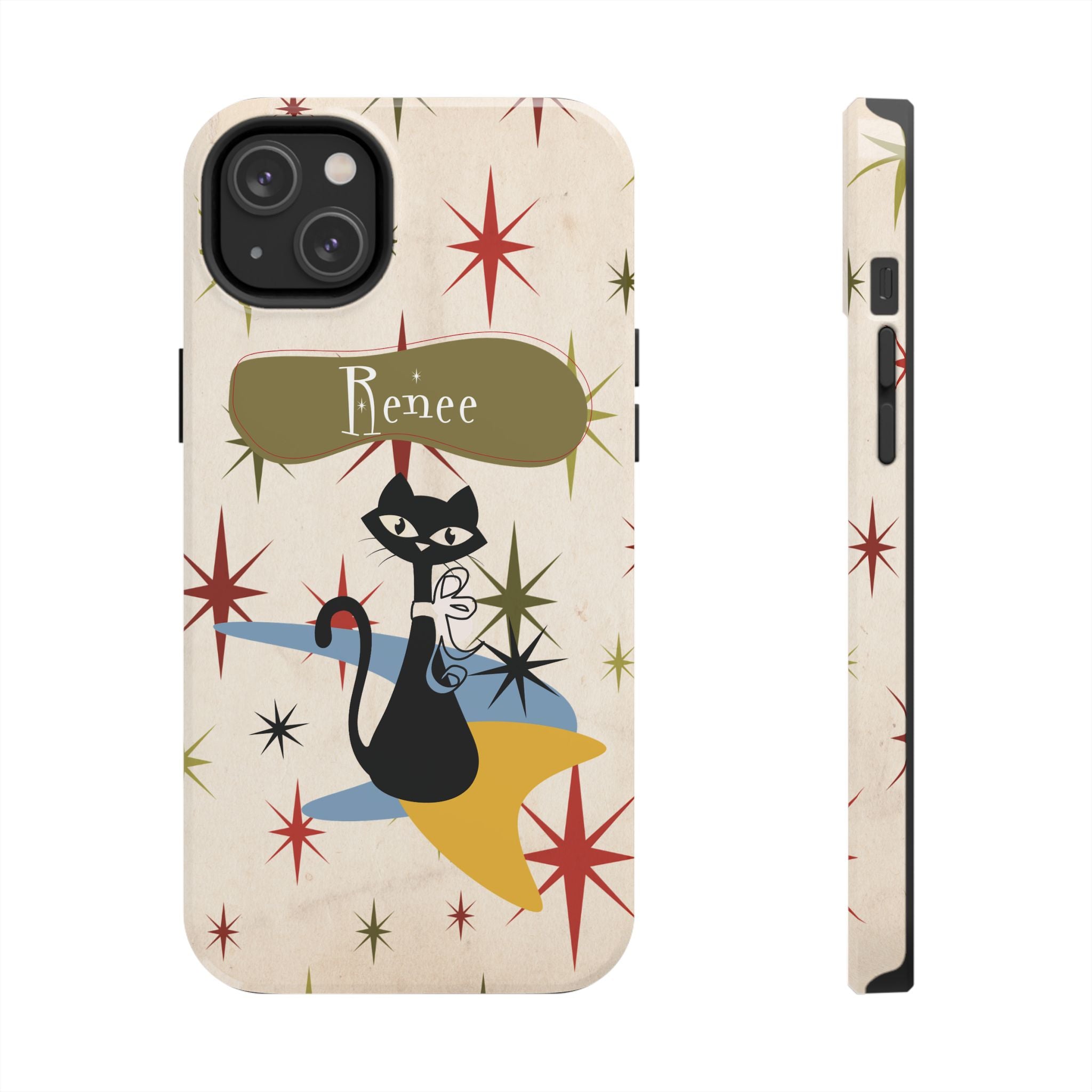 Kate McEnroe New York Personalized Atomic Cat Tough IPhone 14 &amp; 15 Cases, Mid Century Modern, Retro Kitschy Starburst, Christmas Gifts, MCM Holiday GiftPhone Case25457302456372168401