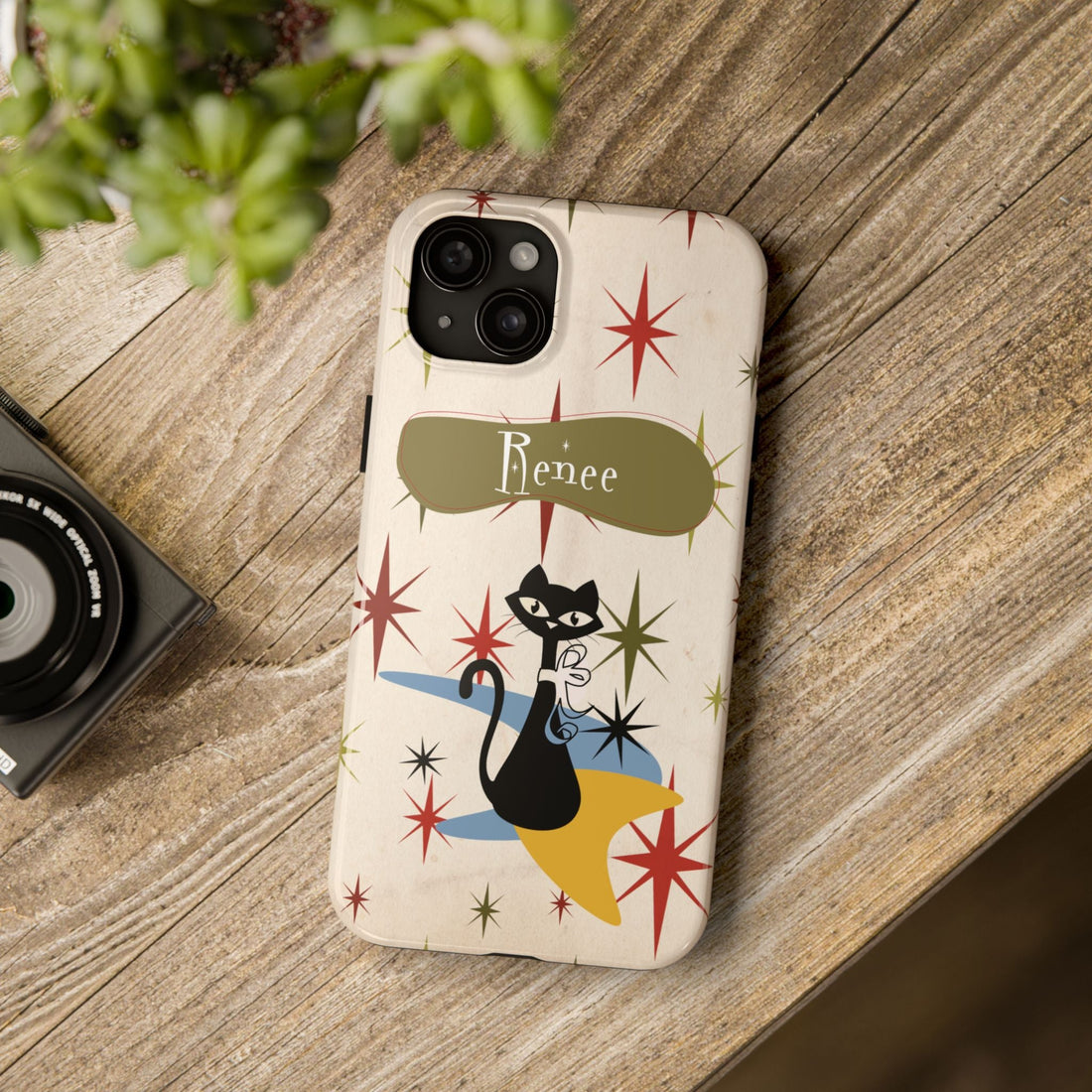 Kate McEnroe New York Personalized Atomic Cat Tough IPhone 14 &amp; 15 Cases, Mid Century Modern, Retro Kitschy Starburst, Christmas Gifts, MCM Holiday GiftPhone Case27689967246130533636