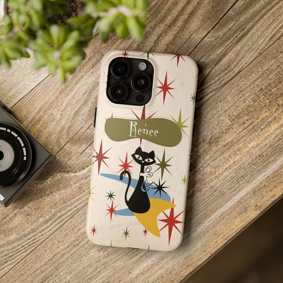 Kate McEnroe New York Personalized Atomic Cat Tough IPhone 14 &amp; 15 Cases, Mid Century Modern, Retro Kitschy Starburst, Christmas Gifts, MCM Holiday GiftPhone Case49775517615081646861