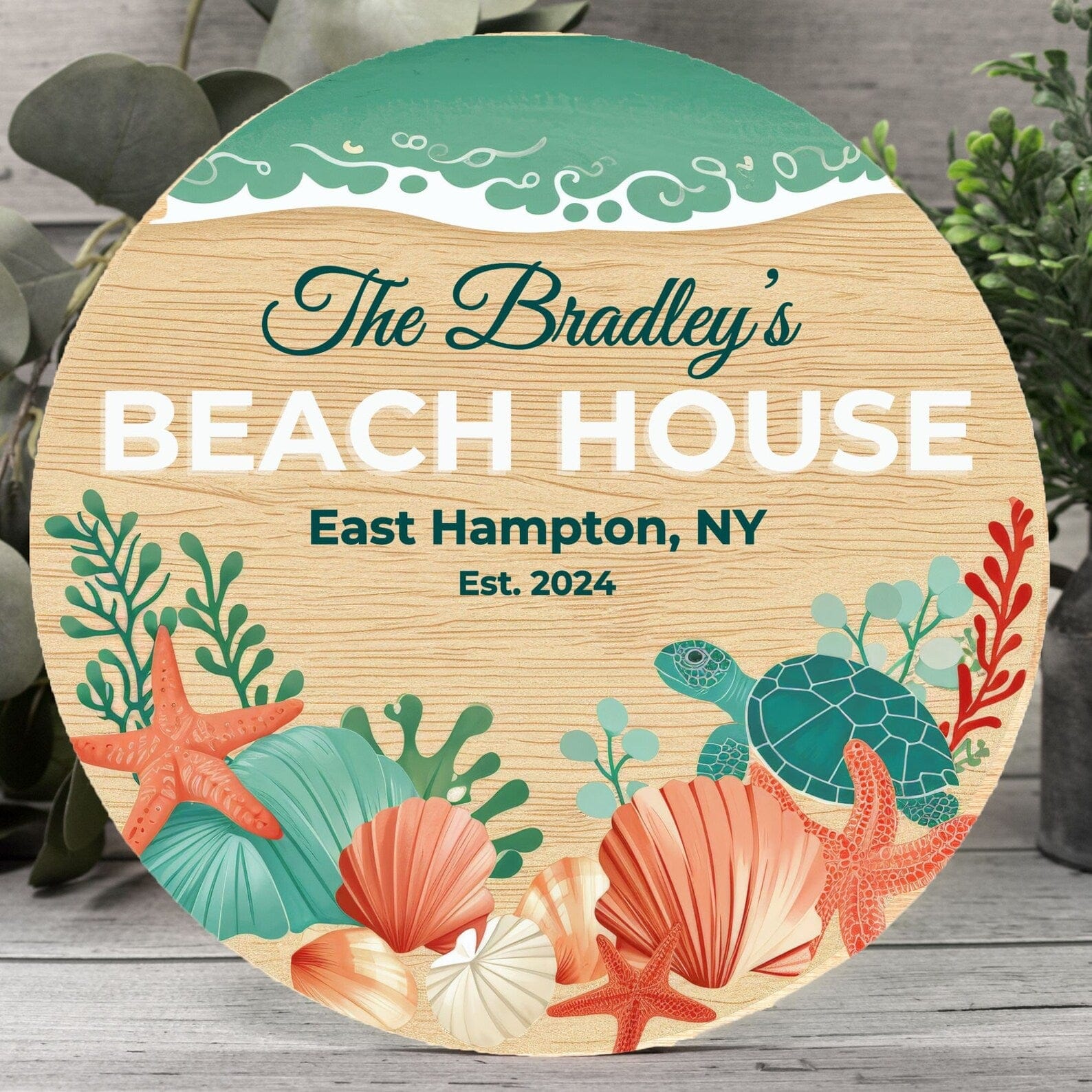 Kate McEnroe New York Personalized Beach House Door Sign, Coastal Welcome Wood Entry Hanger 12" (Round)Door HangersPMH58 - 12.2460822