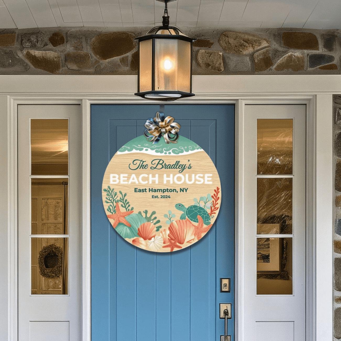 Kate McEnroe New York Personalized Beach House Door Sign, Coastal Welcome Wood Entry Hanger 12" (Round)Front Door SignsPMH58 - 12.2460822