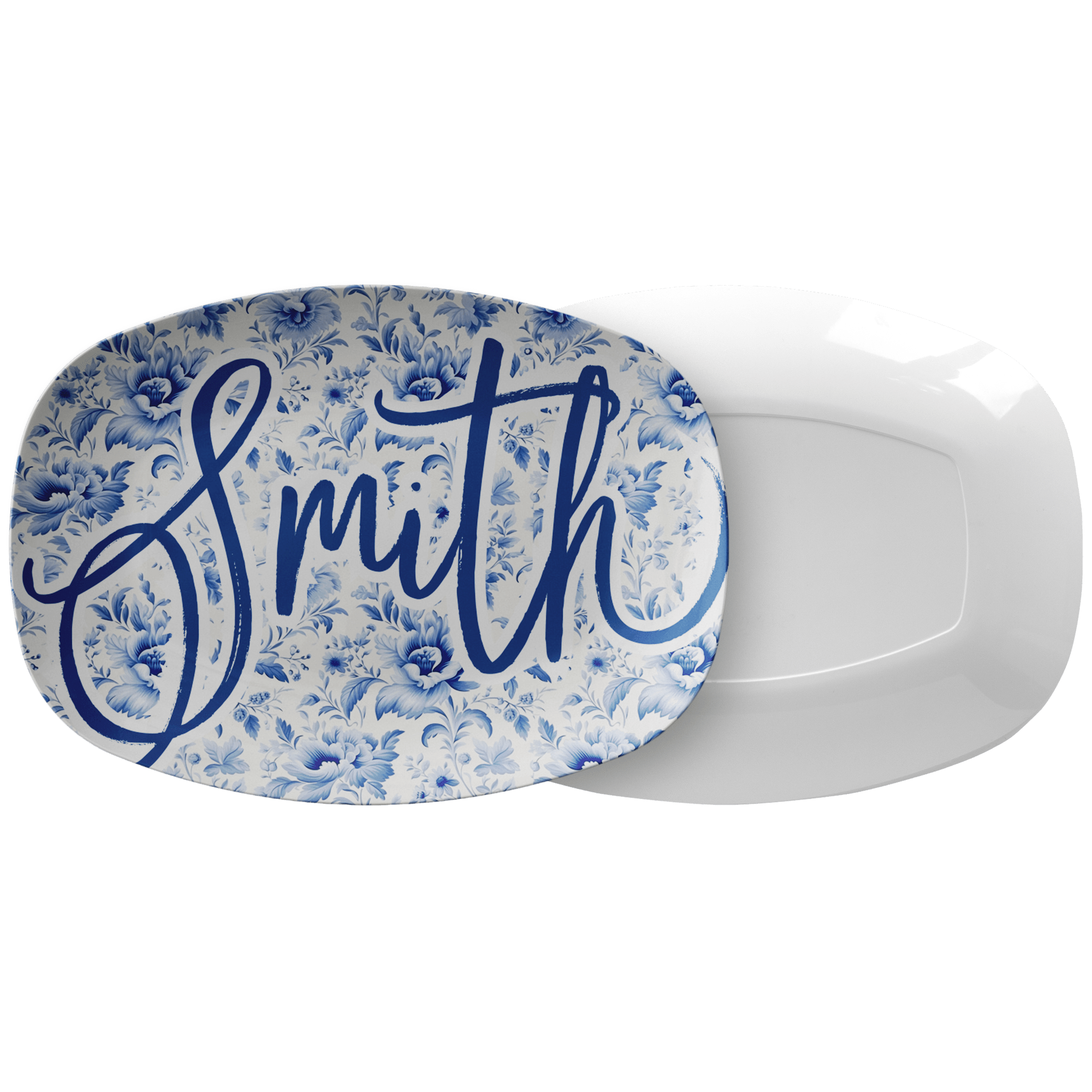 Kate McEnroe New York Personalized Blue Chinoiserie Family Name Platter, Custom Farmhouse Serving TrayServing PlattersCHISCPPLT2