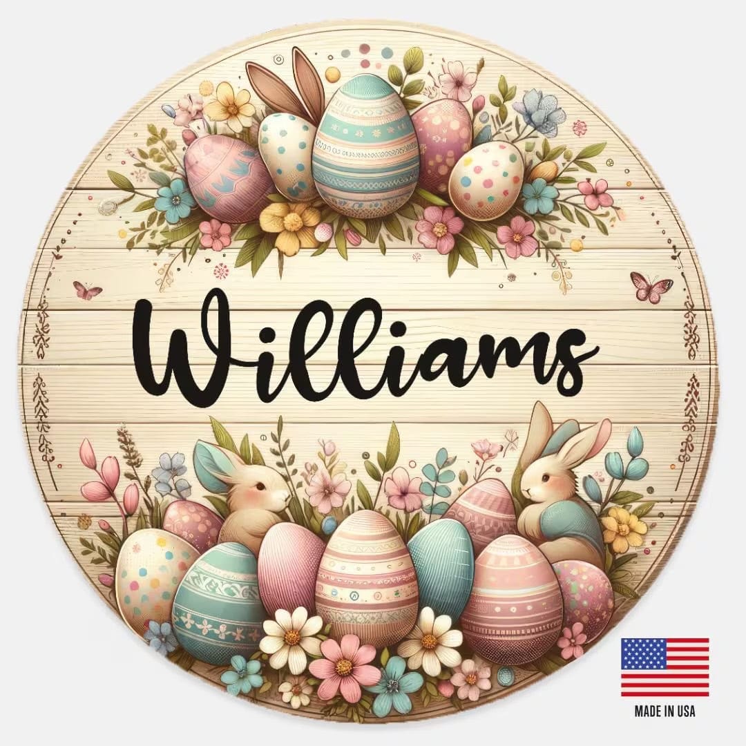 Kate McEnroe New York Personalized Easter Door Hanger, Custom Easter Bunny Wooden Door Sign, Farmhouse Rustic Family Front Door Decor, Welcome Spring WreathDoor HangersPMH58 - 10.2536373