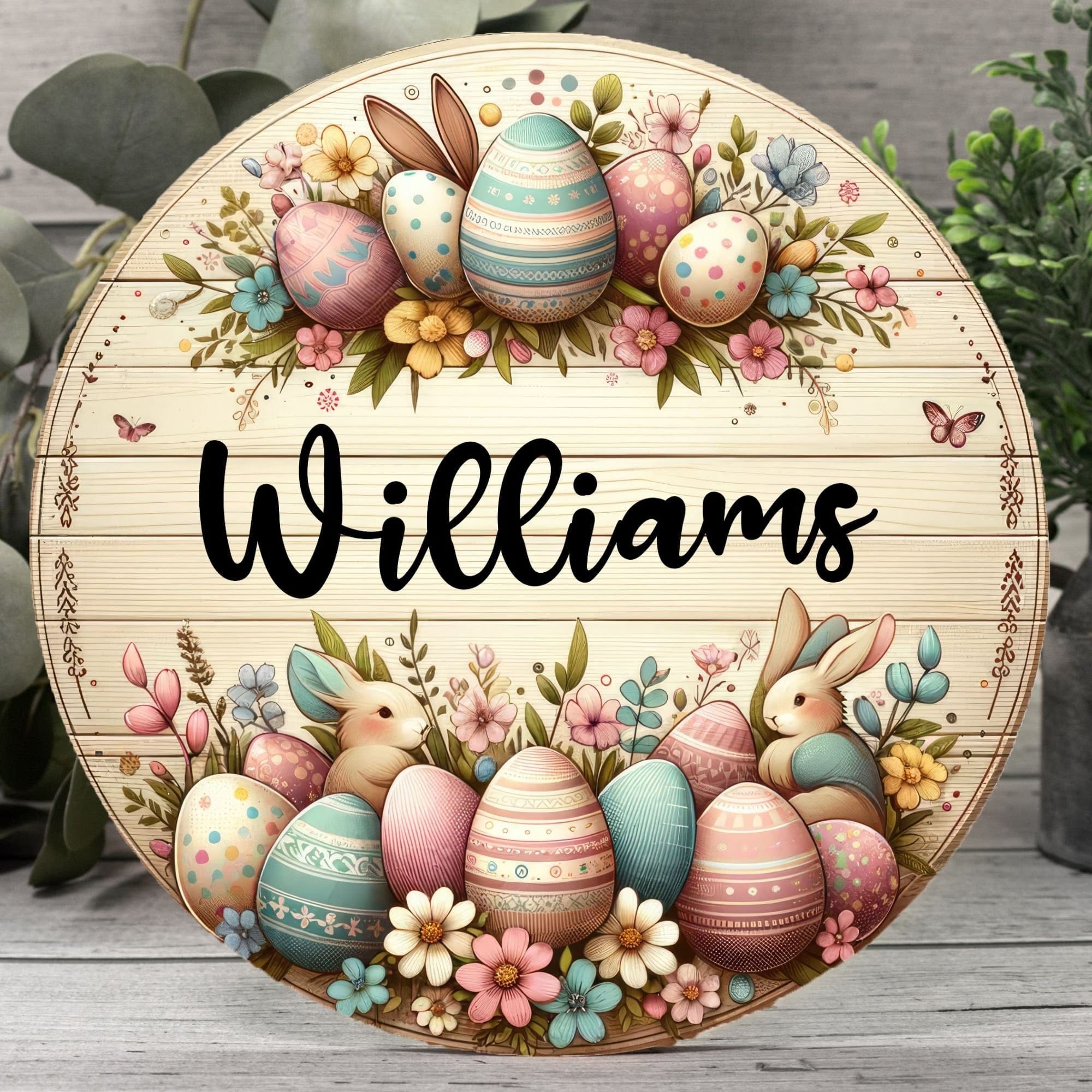 Kate McEnroe New York Personalized Easter Door Hanger, Custom Easter Bunny Wooden Door Sign, Farmhouse Rustic Family Front Door Decor, Welcome Spring WreathDoor HangersPMH58 - 10.2536373