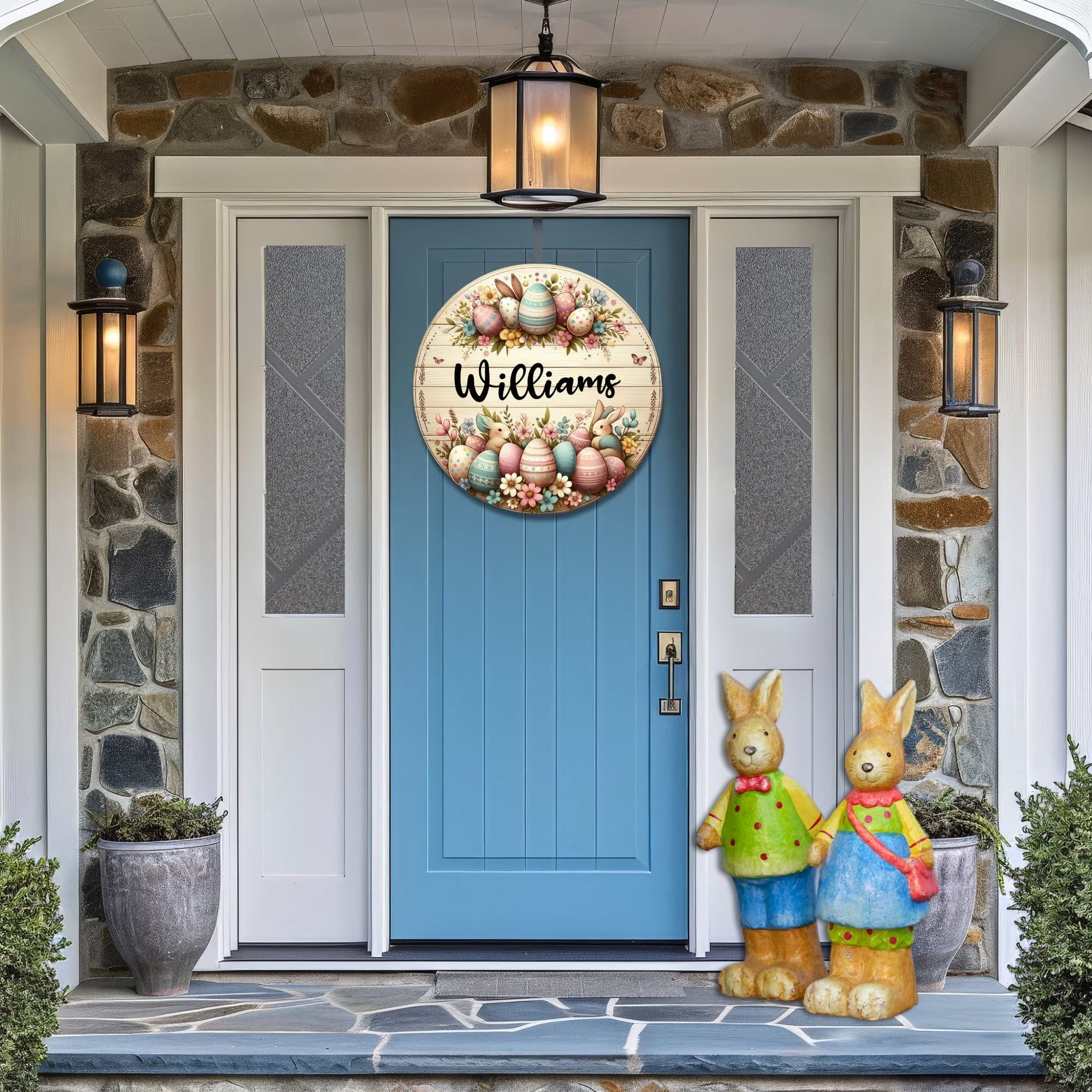 Kate McEnroe New York Personalized Easter Door Hanger, Custom Easter Bunny Wooden Door Sign, Farmhouse Rustic Family Front Door Decor, Welcome Spring WreathDoor HangersPMH58 - 10.2536373