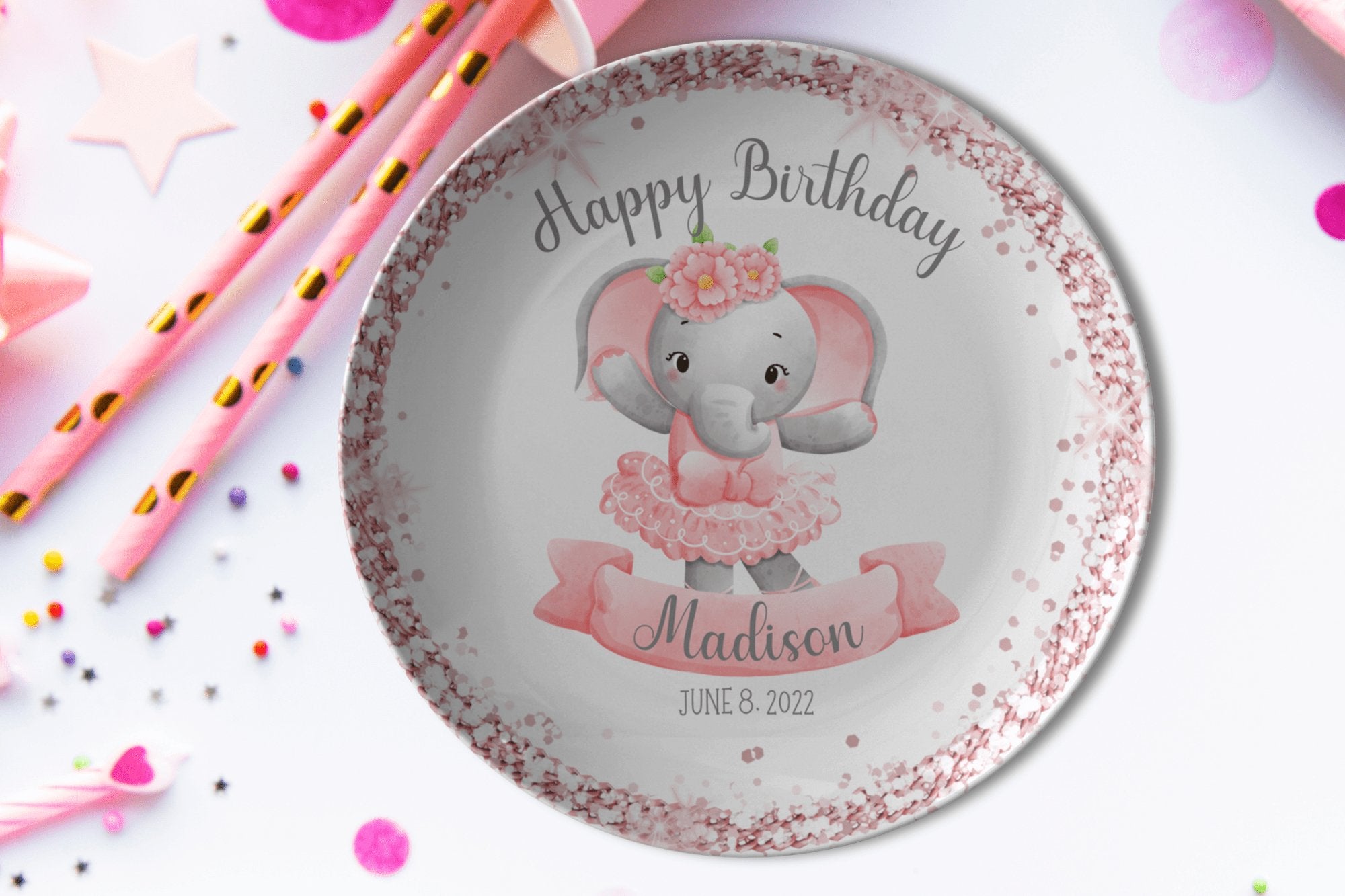 Kate McEnroe New York Personalized Elephant Ballerina Birthday PlatePlatesPP2 - ELE - BAL - 2S