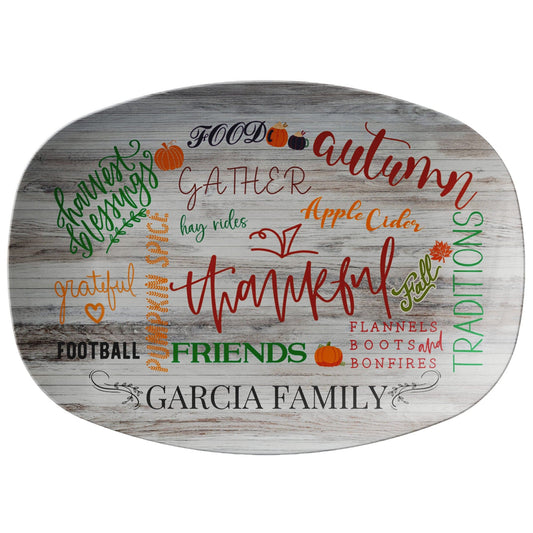 Kate McEnroe New York Personalized Fall Thanksgiving Family Name Platter Gray Wood Personalized Platters 9727GW