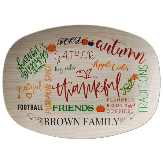 Kate McEnroe New York Personalized Fall Thanksgiving Family Name Platter Light Brown Wood Serving Platters 9727
