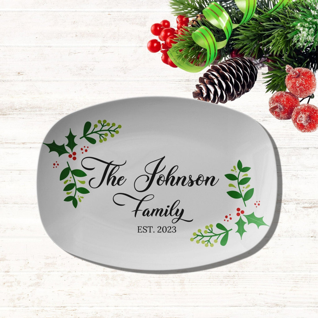 Kate McEnroe New York Personalized Family Name Christmas Holly PlatterServing PlattersPP3 - HOL - FMN - 2