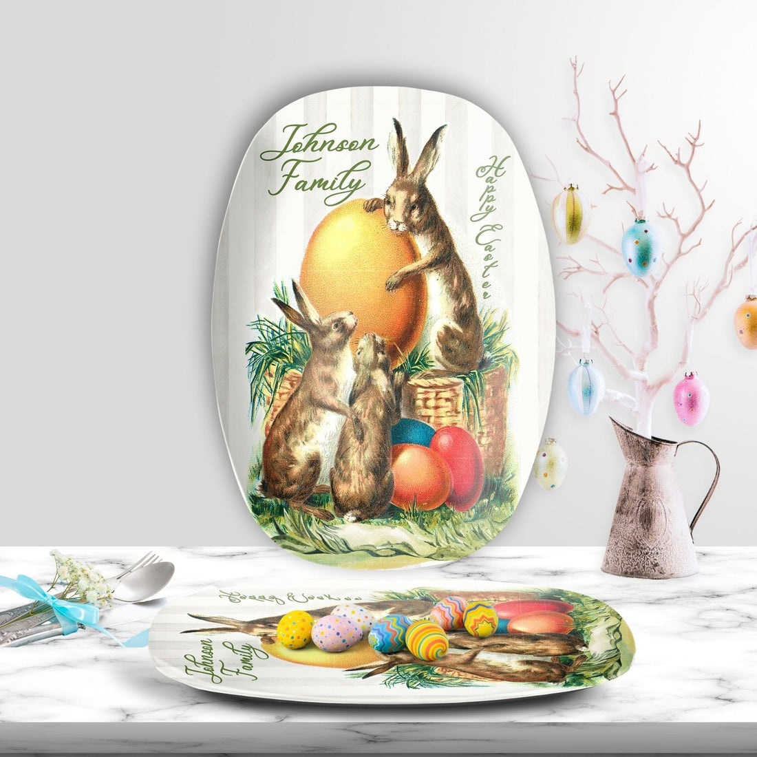 Kate McEnroe New York Personalized Family Name Easter Platter, Custom Vintage Bunny Easter Card Art Serving TrayServing PlattersP22 - BUN - CAT - 7