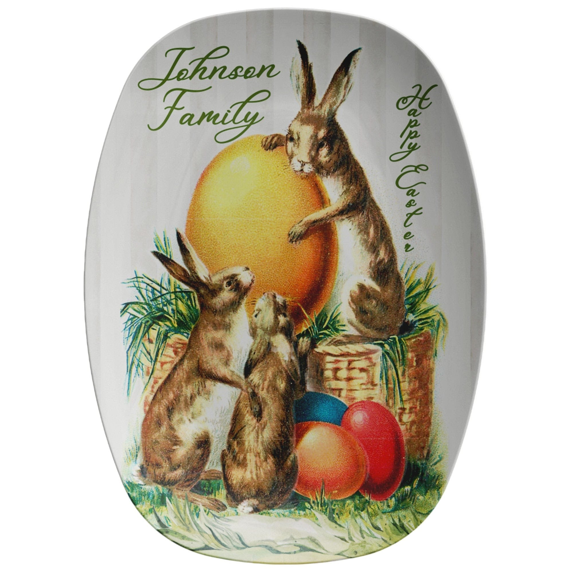 Kate McEnroe New York Personalized Family Name Easter Platter, Custom Vintage Bunny Easter Card Art Serving TrayServing PlattersP22 - BUN - CAT - 7