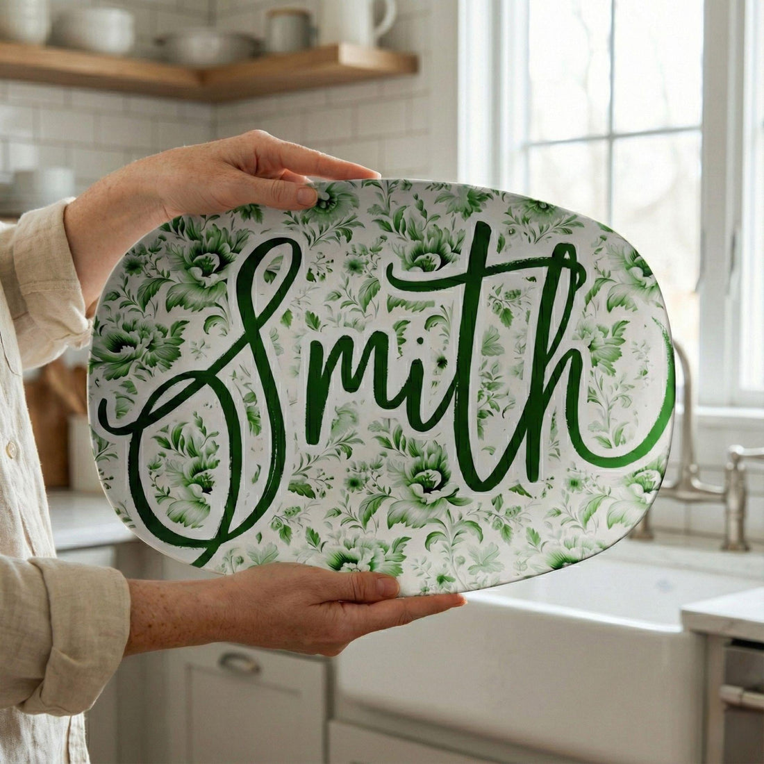 Kate McEnroe New York Personalized Green Chinoiserie Family Name Platter Custom Farmhouse Serving TrayServing PlattersCHISCPPLT2
