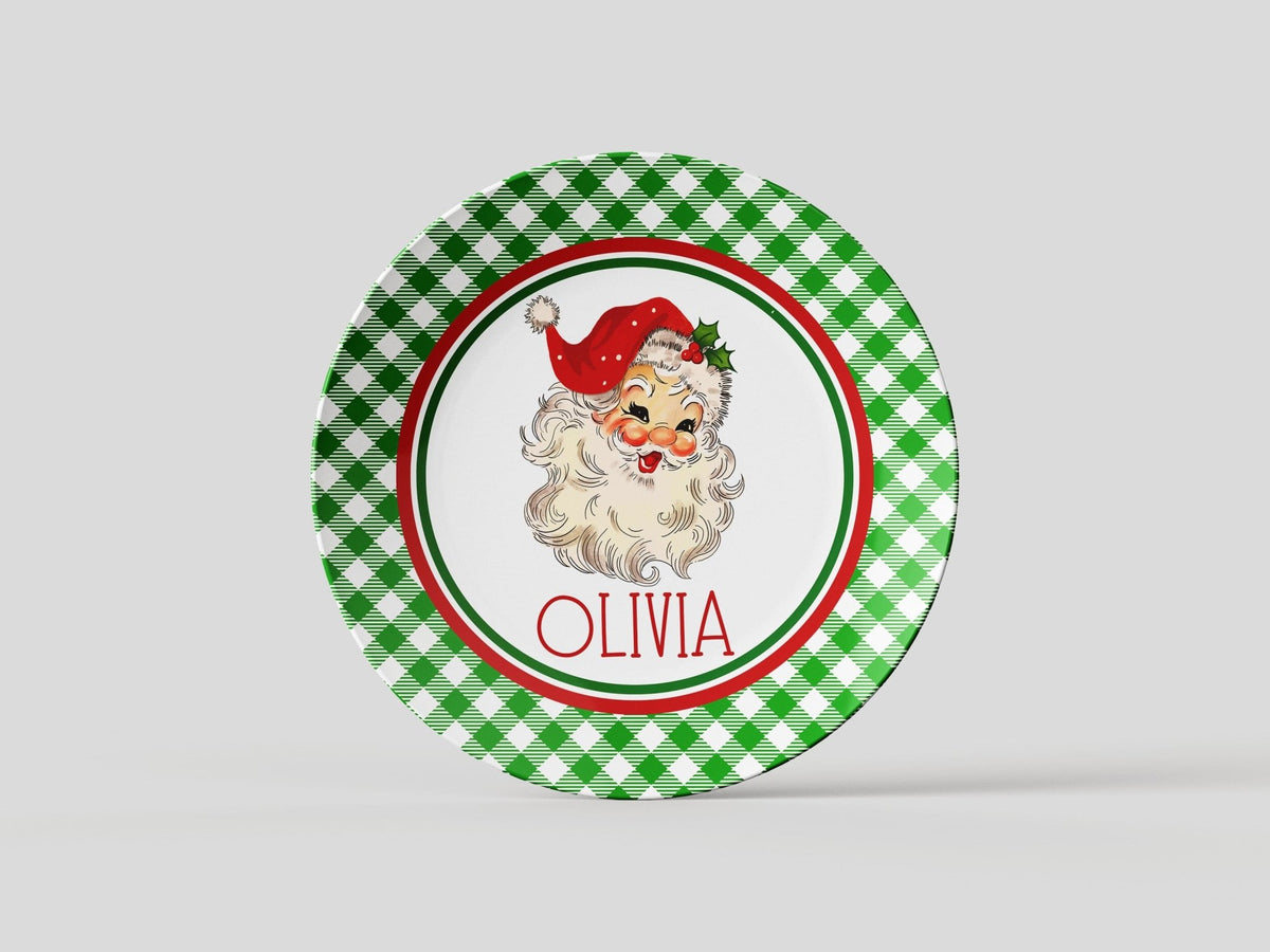 Kate McEnroe New York Personalized Kids Vintage Santa Gingham Dinner PlatePlatesPP2 - GRN - GNG - ST1