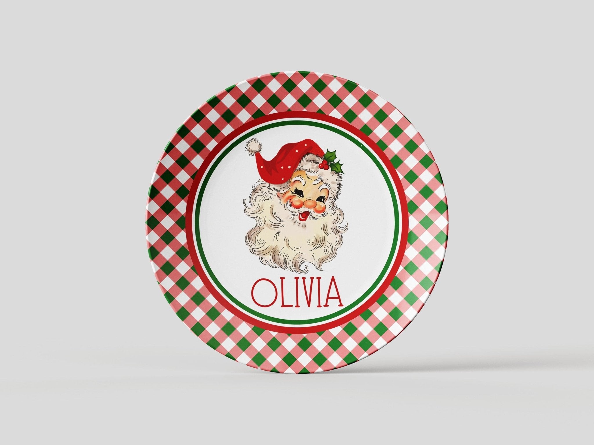 Kate McEnroe New York Personalized Kids Vintage Santa Gingham Dinner PlatePlatesPP2 - PNG - GNG - ST1