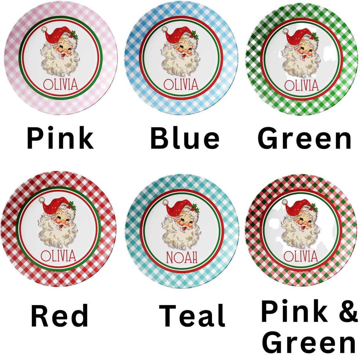 Kate McEnroe New York Personalized Kids Vintage Santa Gingham Dinner PlatePlatesPP2 - PNK - GNG - ST1
