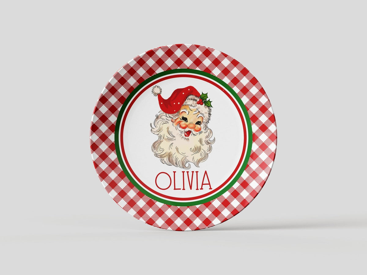 Kate McEnroe New York Personalized Kids Vintage Santa Gingham Dinner PlatePlatesPP2 - RED - GNG - ST1
