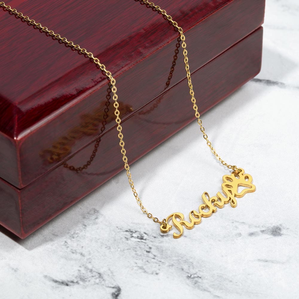 ShineOn Fulfillment Personalized Name Necklace with Paw Print Jewelry 18k Yellow Gold Finish / Luxury Box SO-11015923