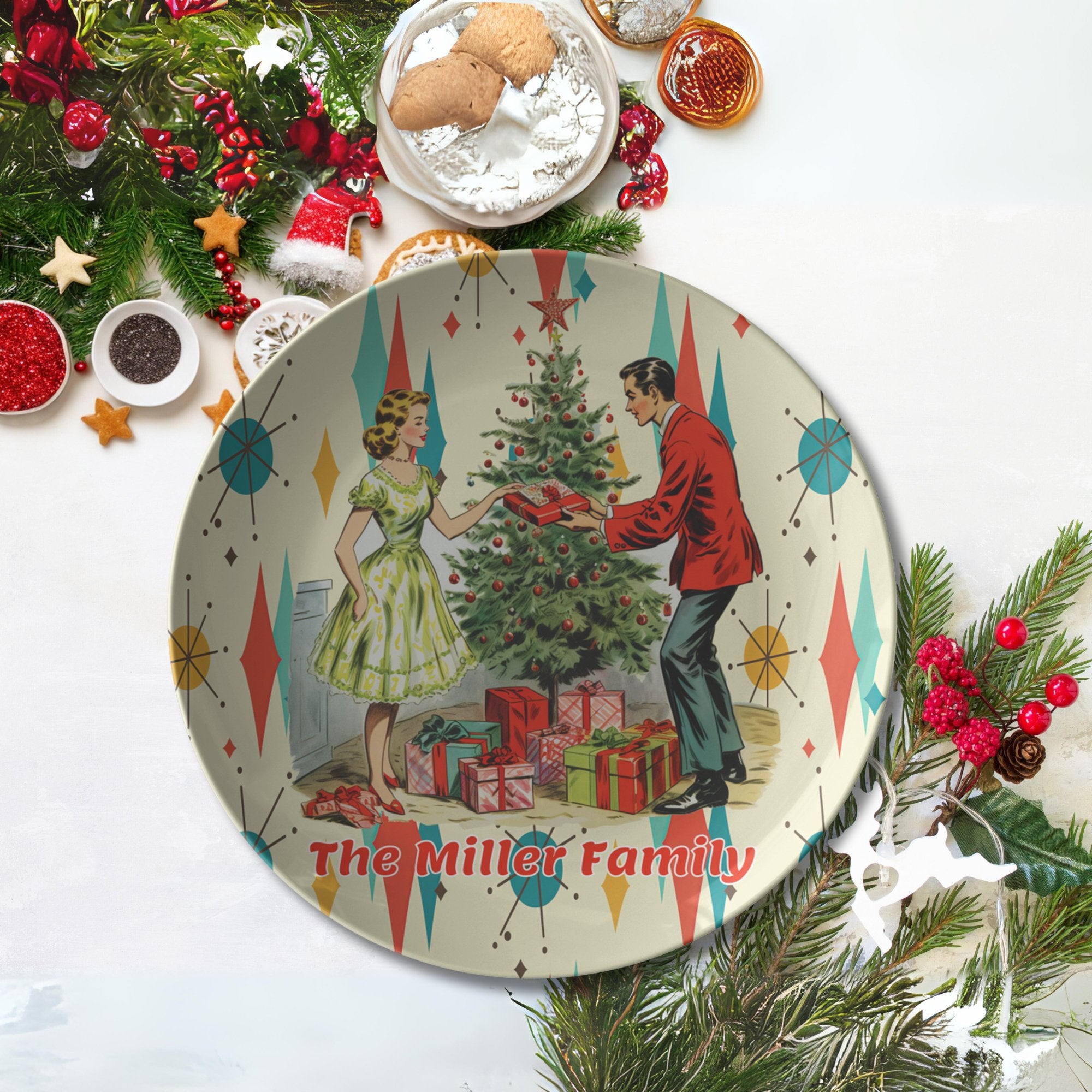 Kate McEnroe New York Personalized Retro Vintage 50s Franciscan Diamond Starburst Kitsch Christmas Card Art Dinner Plate, Custom Holiday Keepsake for Family GatheringsPlates9820SINGLE