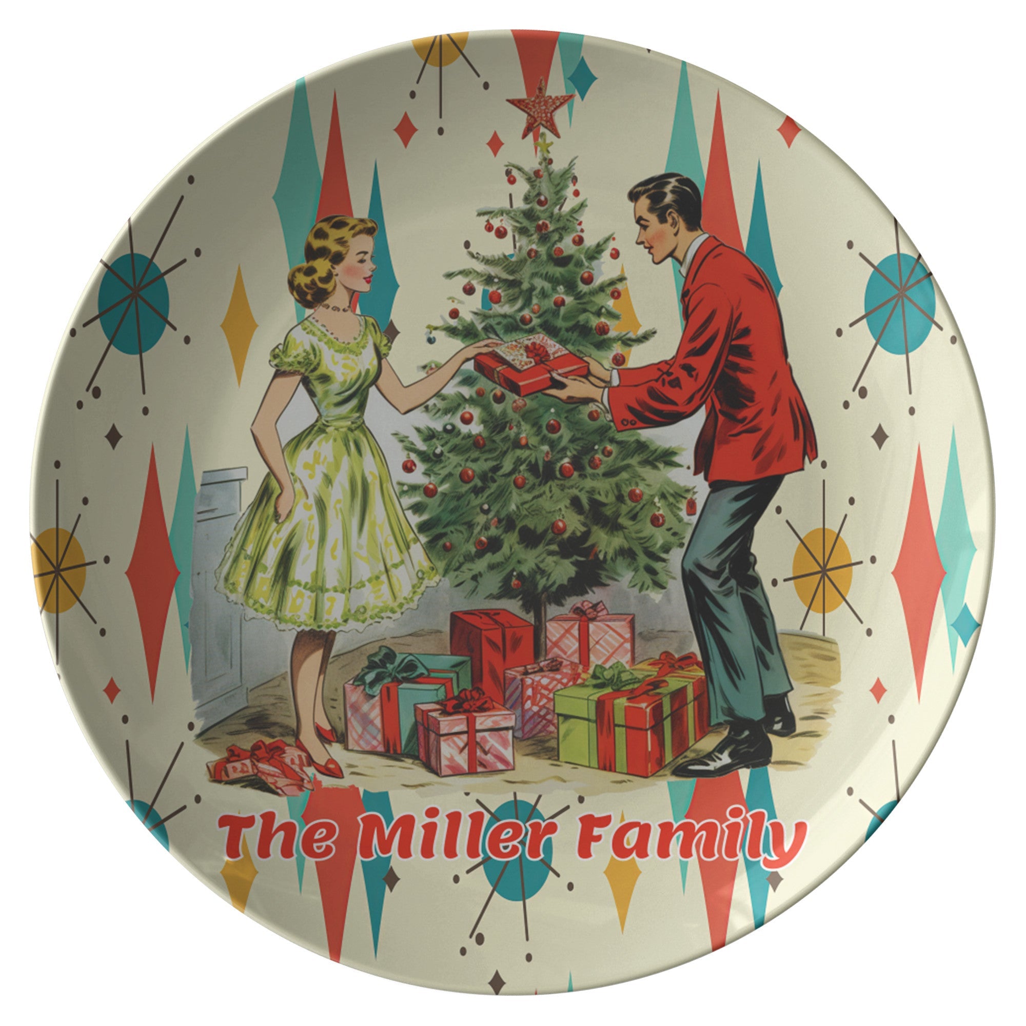 Kate McEnroe New York Personalized Retro Vintage 50s Franciscan Diamond Starburst Kitsch Christmas Card Art Dinner Plate, Custom Holiday Keepsake for Family GatheringsPlates9820SINGLE