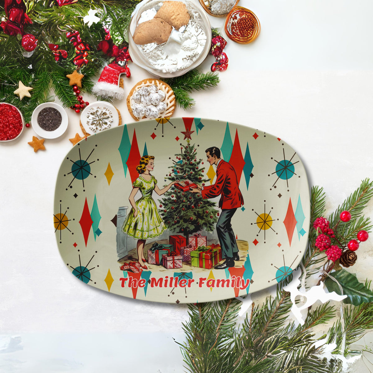 Kate McEnroe New York Personalized Retro Vintage 50s Franciscan Diamond Starburst Kitsch Christmas Card Art Platter, Mid Century Family Holiday KeepsakeServing PlattersP23 - VIN - CHR - 3