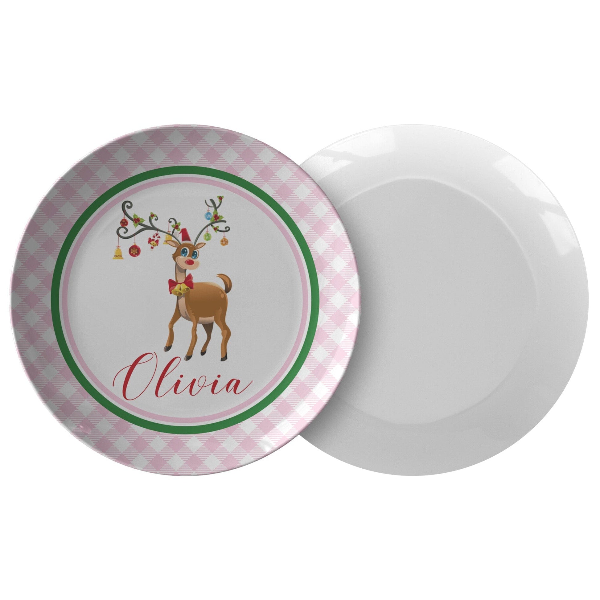 Kate McEnroe New York Personalized Rudolph Red Nose Reindeer Pink Gingham Plate Personalized Plates Single 9820SINGLE