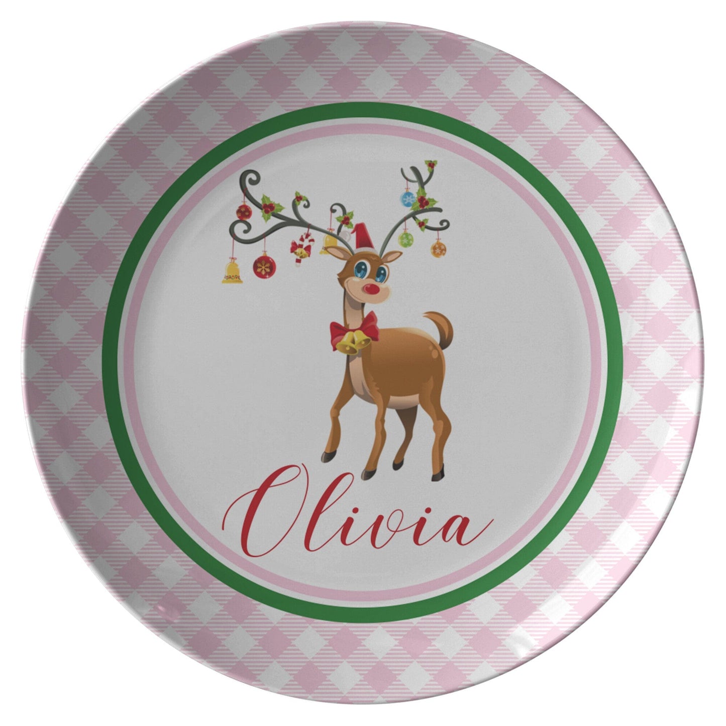 Kate McEnroe New York Personalized Rudolph Red Nose Reindeer Pink Gingham Plate Personalized Plates