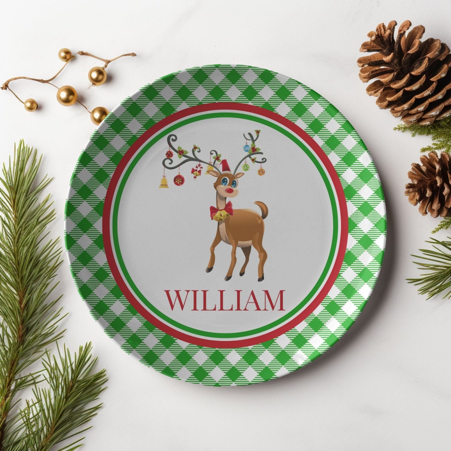 Kate McEnroe New York Personalized Rudolph Red Nose Reindeer Gingham Plate Plates