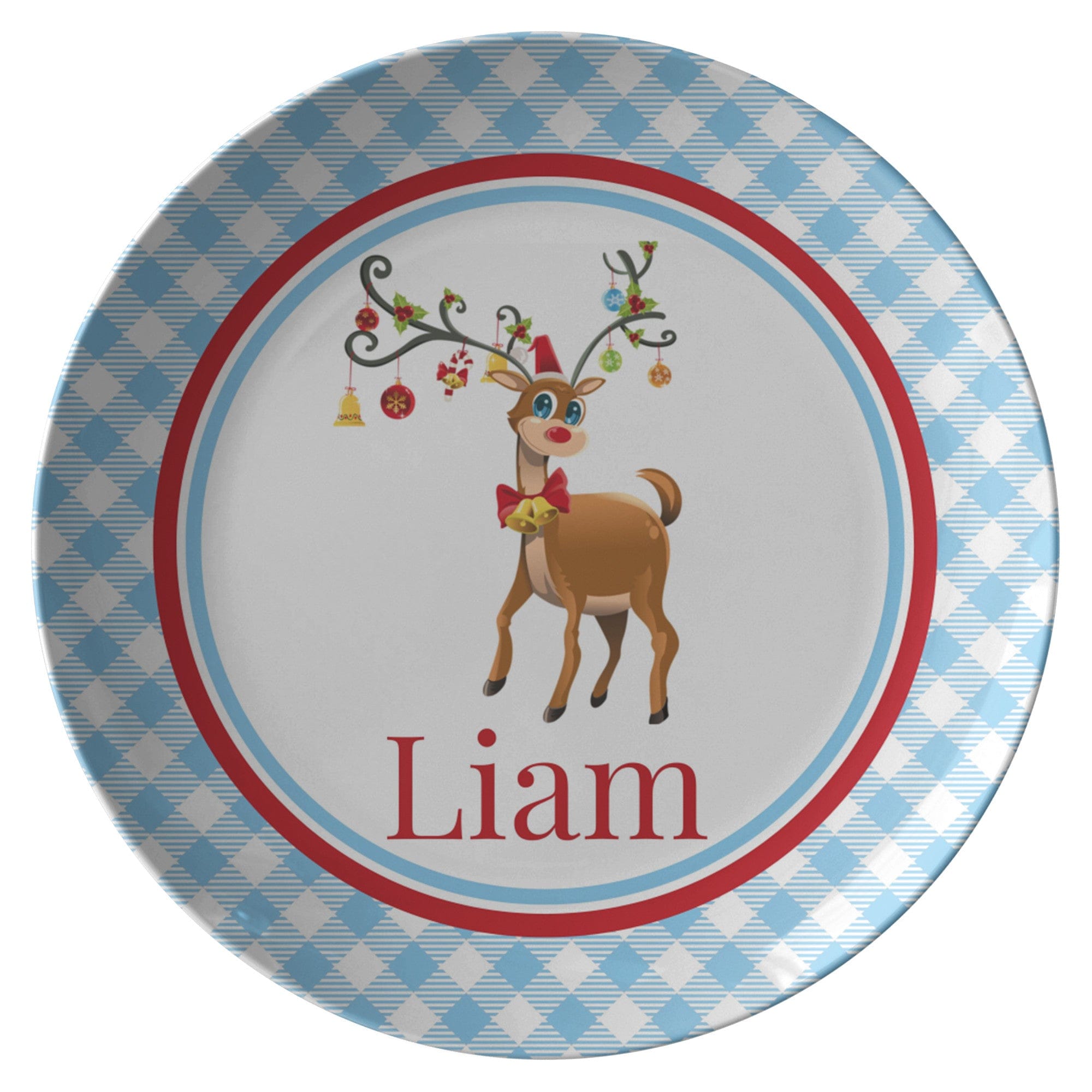 Kate McEnroe New York Personalized Rudolph Red Nose Reindeer Gingham PlatePlates9820SINGLE