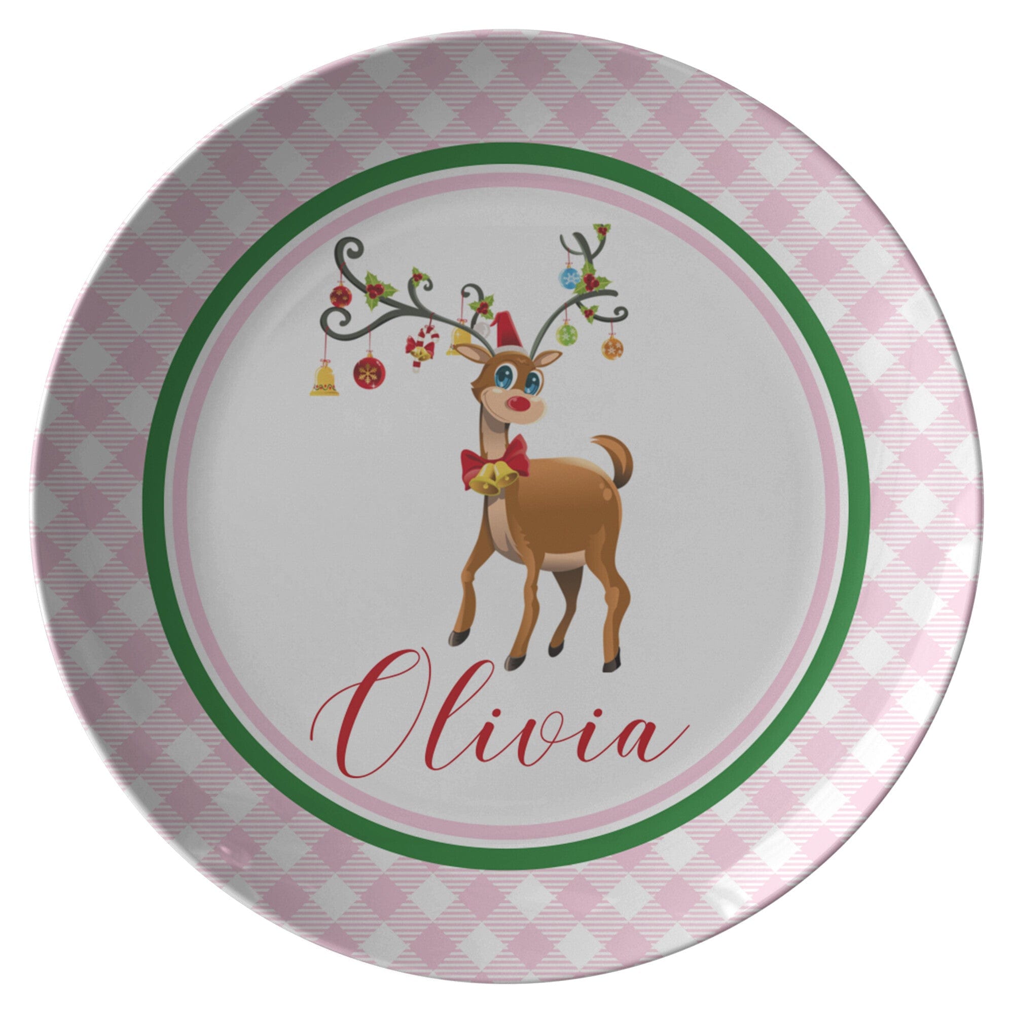 Kate McEnroe New York Personalized Rudolph Red Nose Reindeer Gingham PlatePlates9820SINGLE