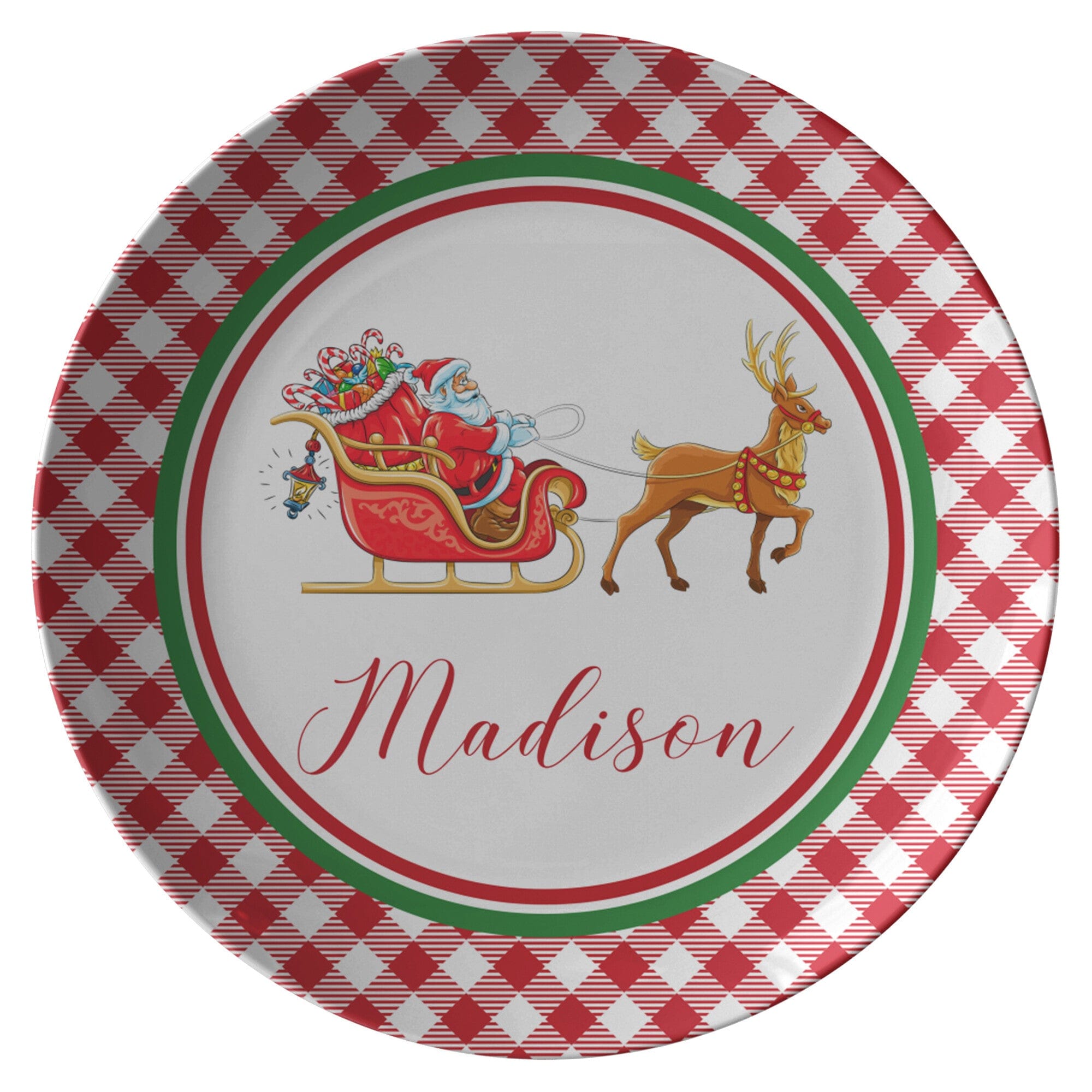 Kate McEnroe New York Personalized Santa Sleigh &amp; Rudolph Red Gingham Plate Personalized Plates