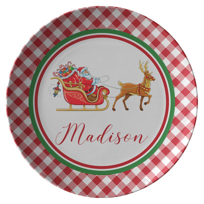 Kate McEnroe New York Personalized Santa Sleigh & Rudolph Red Gingham Plate Personalized Plates