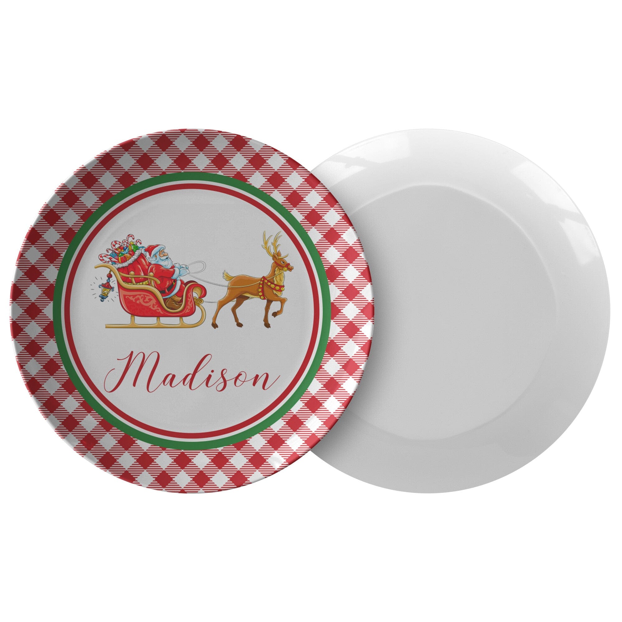 Kate McEnroe New York Personalized Santa Sleigh &amp; Rudolph Red Gingham Plate Personalized Plates Single 9820SINGLE