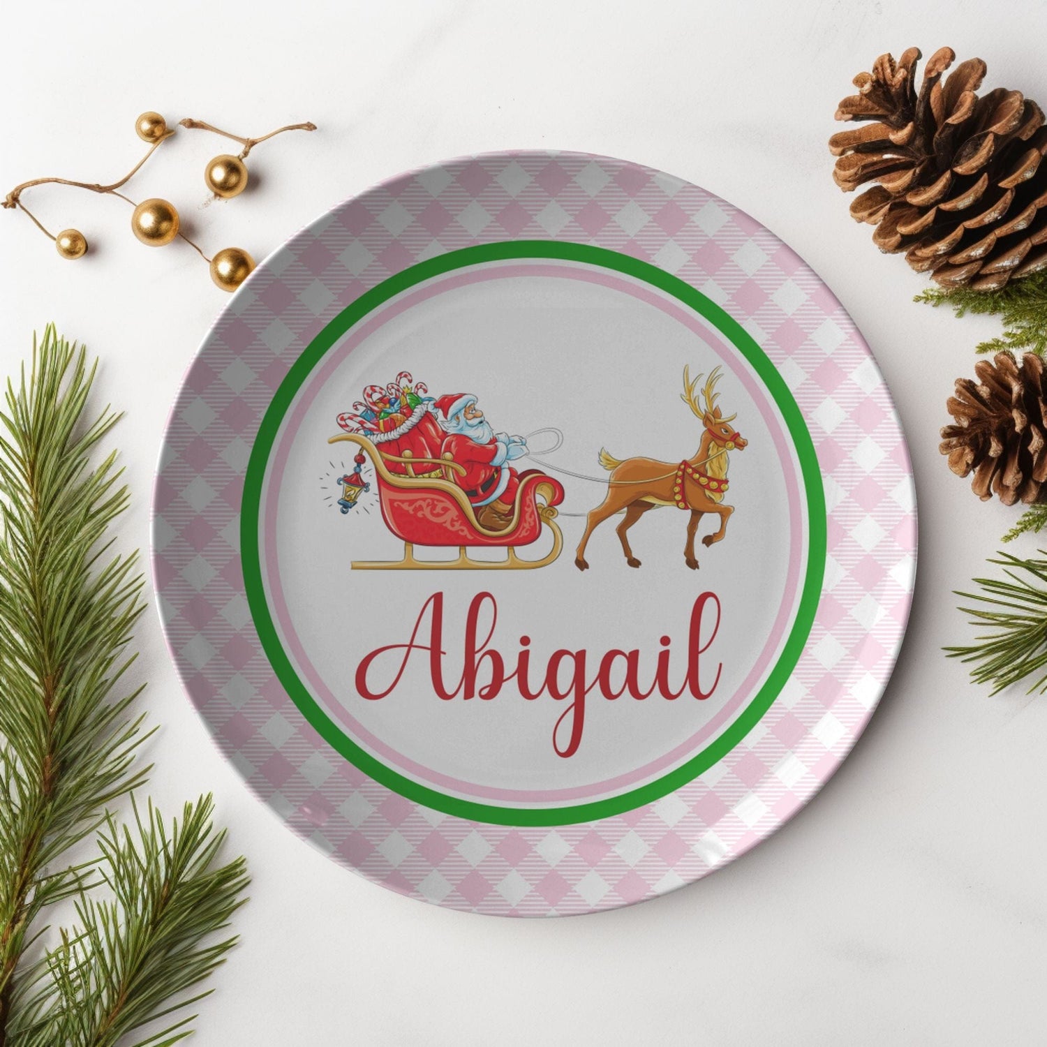 Kate McEnroe New York Personalized Santa Sleigh &amp; Rudolph Gingham Plate Plates Single P22-STS-RUD-2S