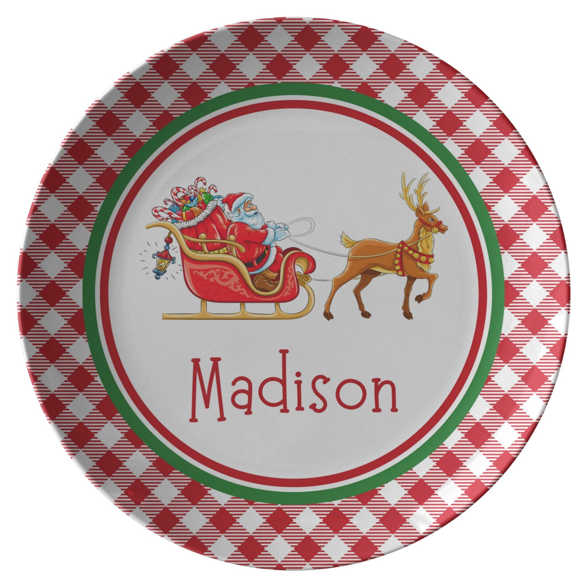 Kate McEnroe New York Personalized Santa Sleigh & Rudolph Gingham Plate Plates Single P22-STS-RUD-2S