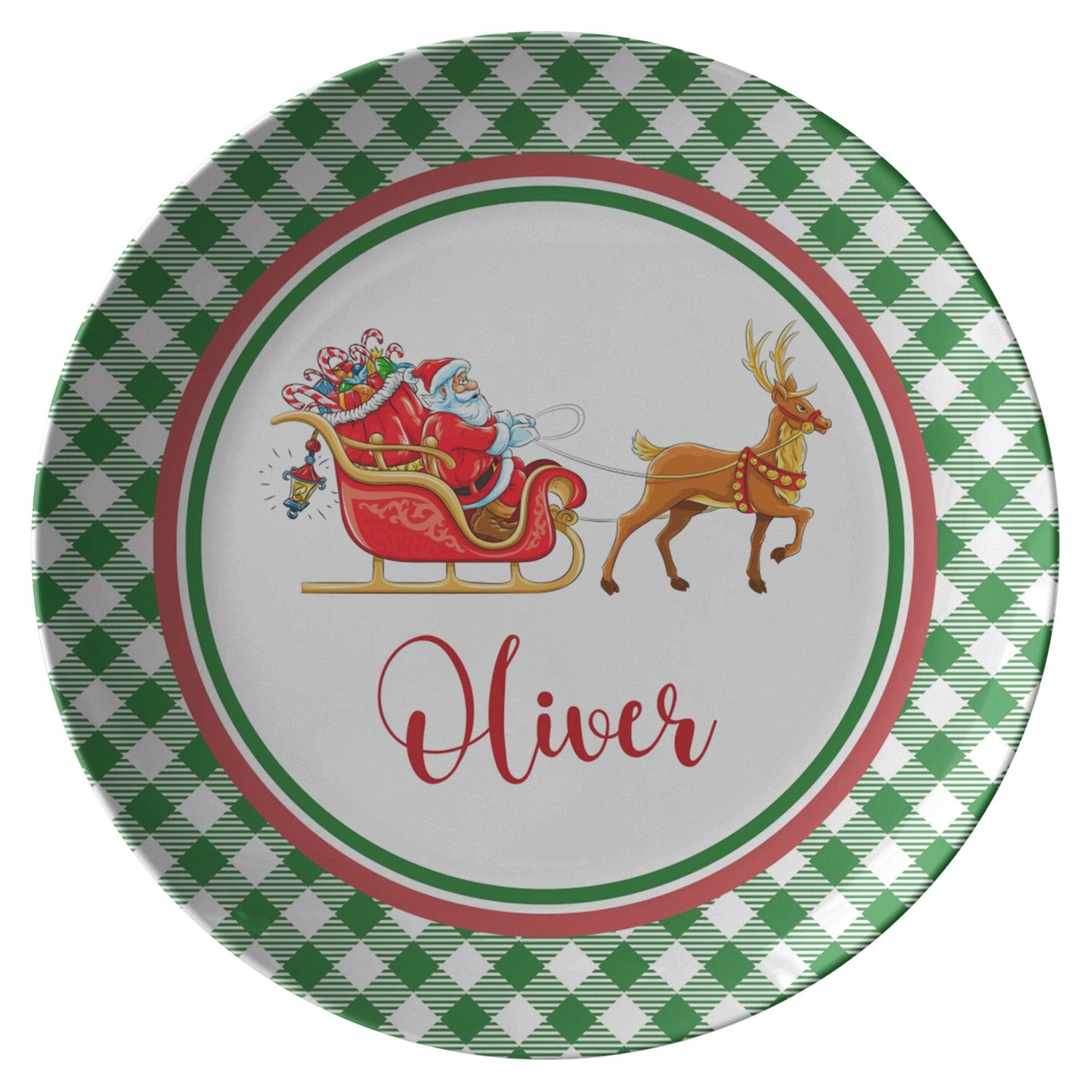 Kate McEnroe New York Personalized Santa Sleigh &amp; Rudolph Gingham Plate Plates Single P22-STS-RUD-2S