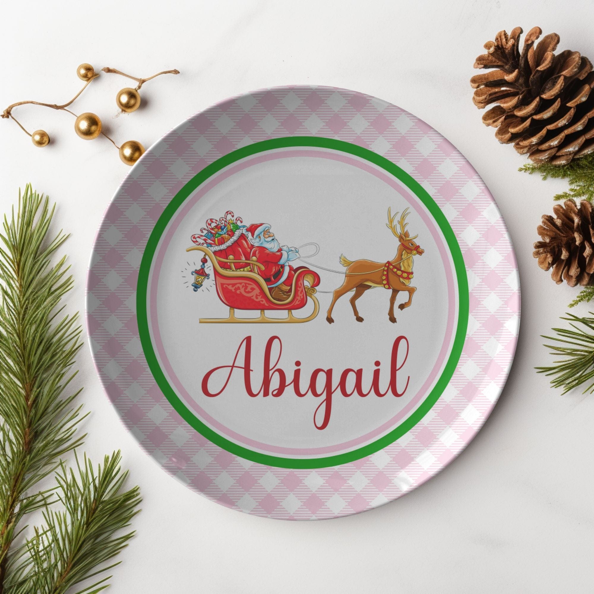 Kate McEnroe New York Personalized Santa Sleigh &amp; Rudolph Gingham PlatePlatesP22 - STS - RUD - 2S