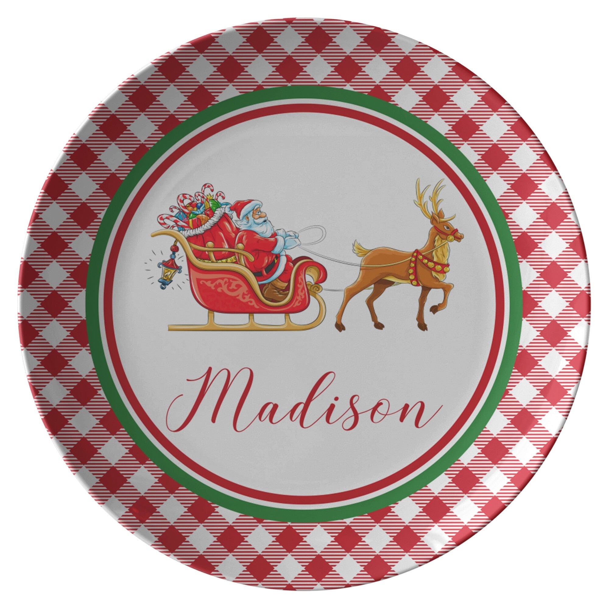 Kate McEnroe New York Personalized Santa Sleigh &amp; Rudolph Gingham PlatePlatesP22 - STS - RUD - 2S