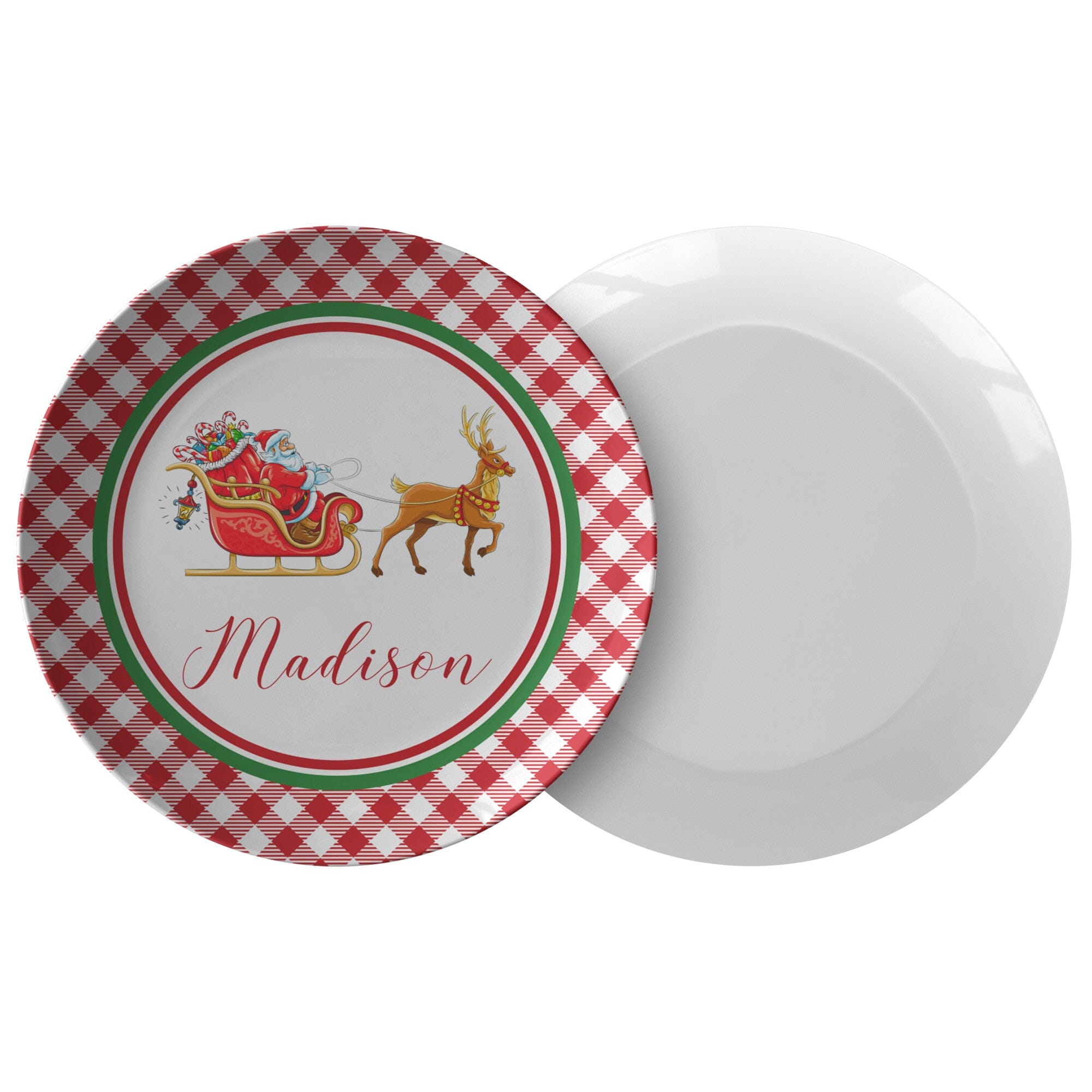 Kate McEnroe New York Personalized Santa Sleigh &amp; Rudolph Gingham PlatePlatesP22 - STS - RUD - 2S